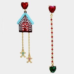 Betsey Johnson Jingle Bell Bling Gingerbread House Mismatched Earrings